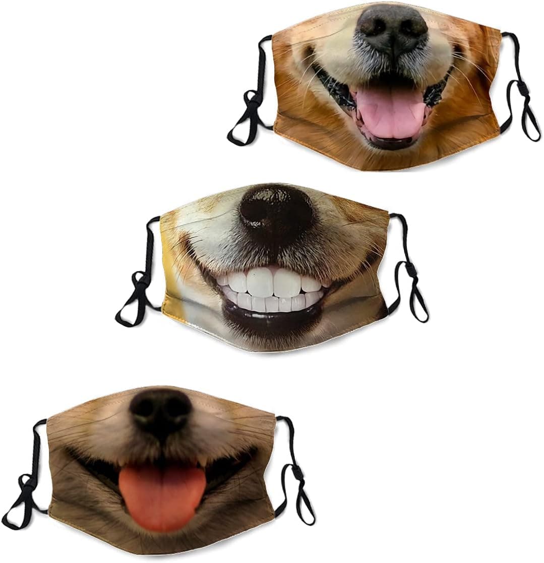 Dog Mouth Reusable Face Mask, Reusable Face Mask, 3pcs Washable Protective Face Mask with 6pcs Filter, Unisex Cloth Face Mask Dust Outdoor, Safety 2 Layers Face Cover for Adults, Men & Women