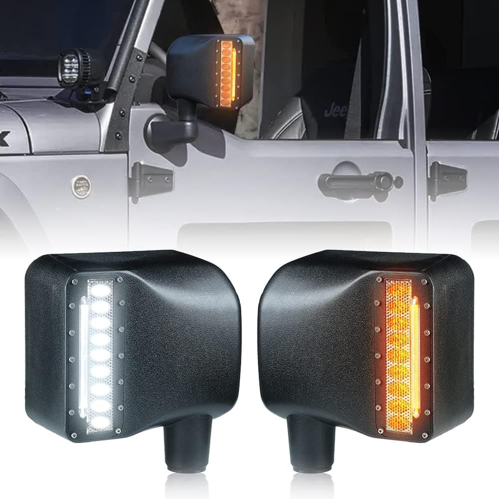 Xprite Clear Lens LED Side Mirrors with White Spot Lights and Amber Turn Signal Lights Compatible with 2007-2018 Jeep Wrangler JK JKU