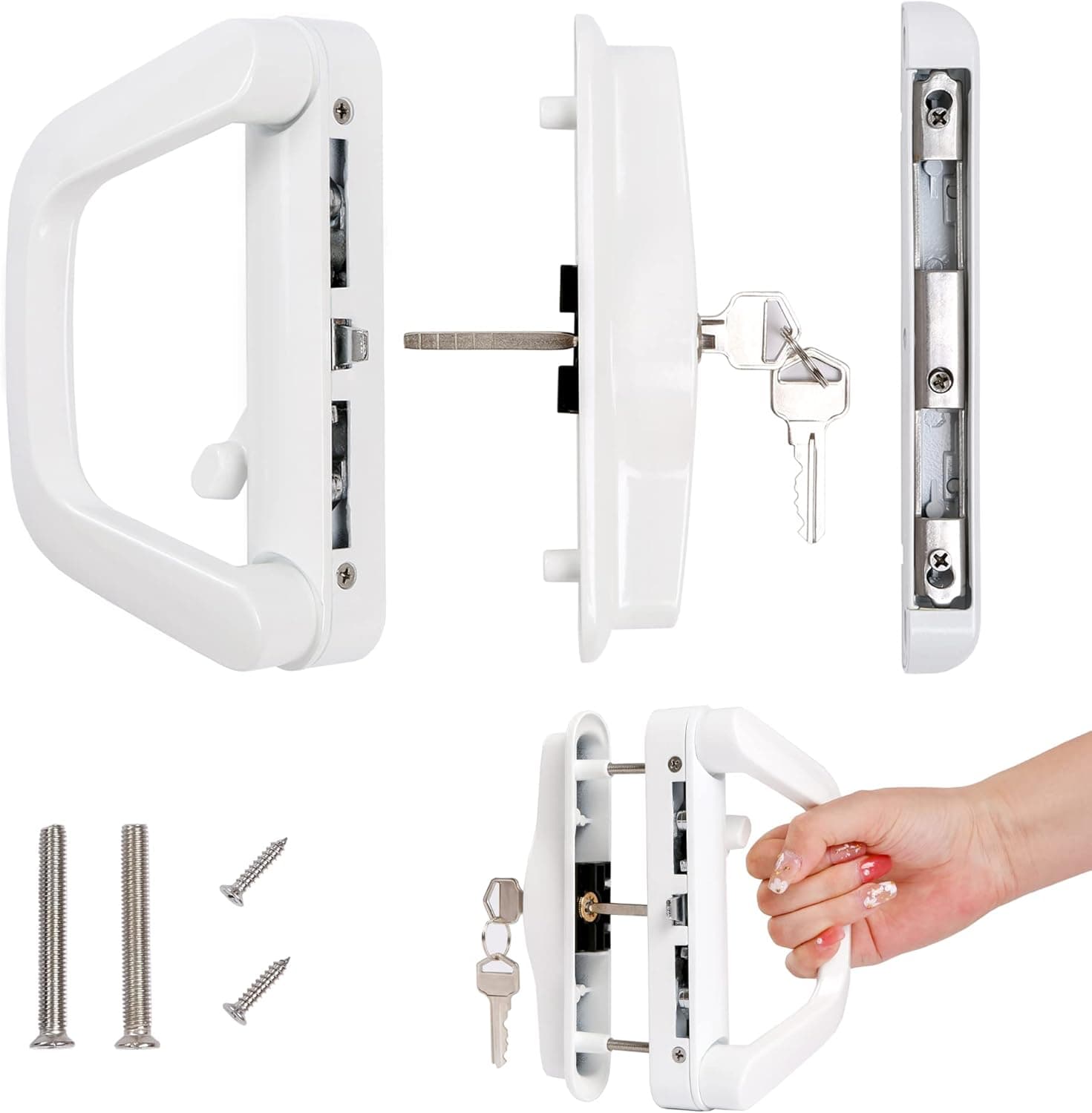 Sliding Patio Door Handle Set with Key Cylinder & Mortise Lock, Replacement Sliding Glass Door Lock Set Fits Door Thickness from 0.75in to 1.4in, 4-15/16" Screw Holes, Reversible Design, White