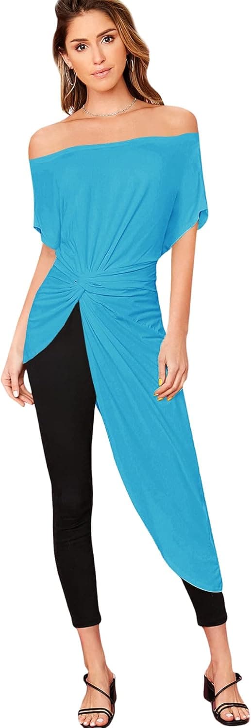 SheIn Women's Elegant Asymmetrical Twist Front Off Shoulder Top Plain High Low Blouse