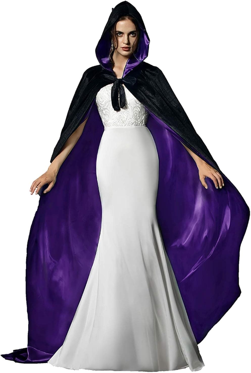 Venus Bridal Black Velvet Cloak with Hood Adult Plus Size Hooded Cloak Black Cape for Women Black Purple