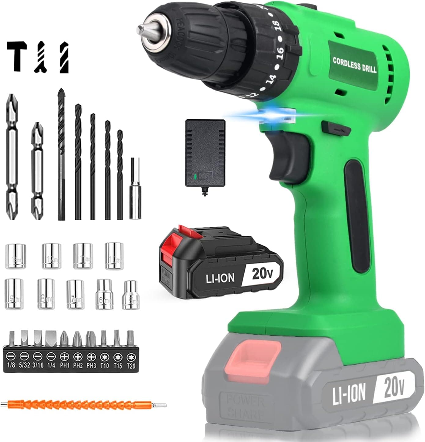 Tegatok Power Cordless Drill, Electric Drill Set with Battery and Charger, 20V Electric Handheld Drill Kit with 20+3 Torque Setting, 2-Variable Speed, 3/8" Keyless Chuck and 28pcs Drill/Driver Bits