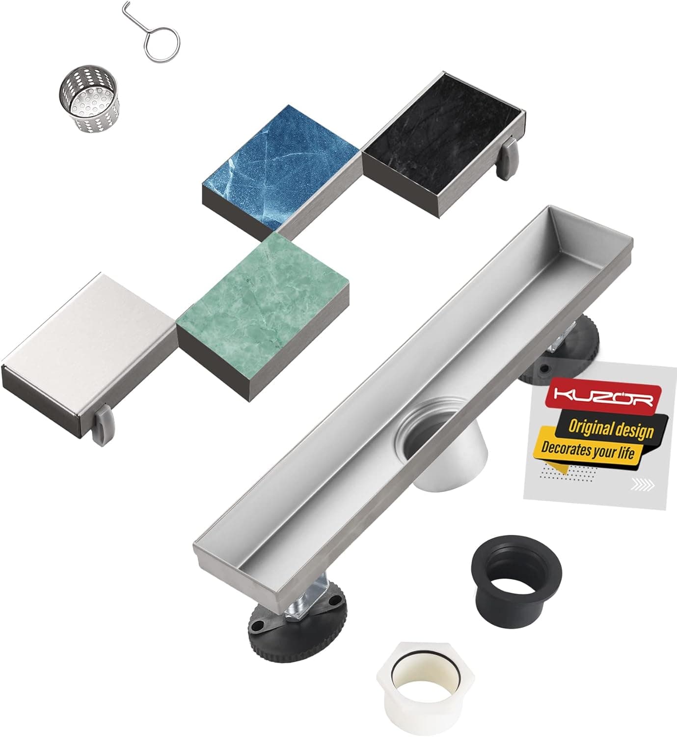 KUZOR 12 Inch Linear Shower Drain, Reversible 2 in 1 Cover Tile Insert Grate Removable Brushed 304 Stainless Steel Rectangular Floor Drain Kit with Hair Strainer, Fast Drainage