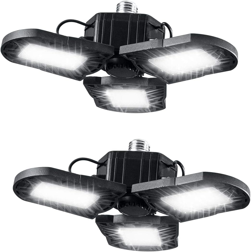 Wokyy 60W LED Garage Lights, Deformable Ceiling Light 6000LM 6500K, E26/E27 Basement Light with 3 Adjustable Die-cast Aluminum Panels for Workshop Barn Warehouse and More - 2 Pack