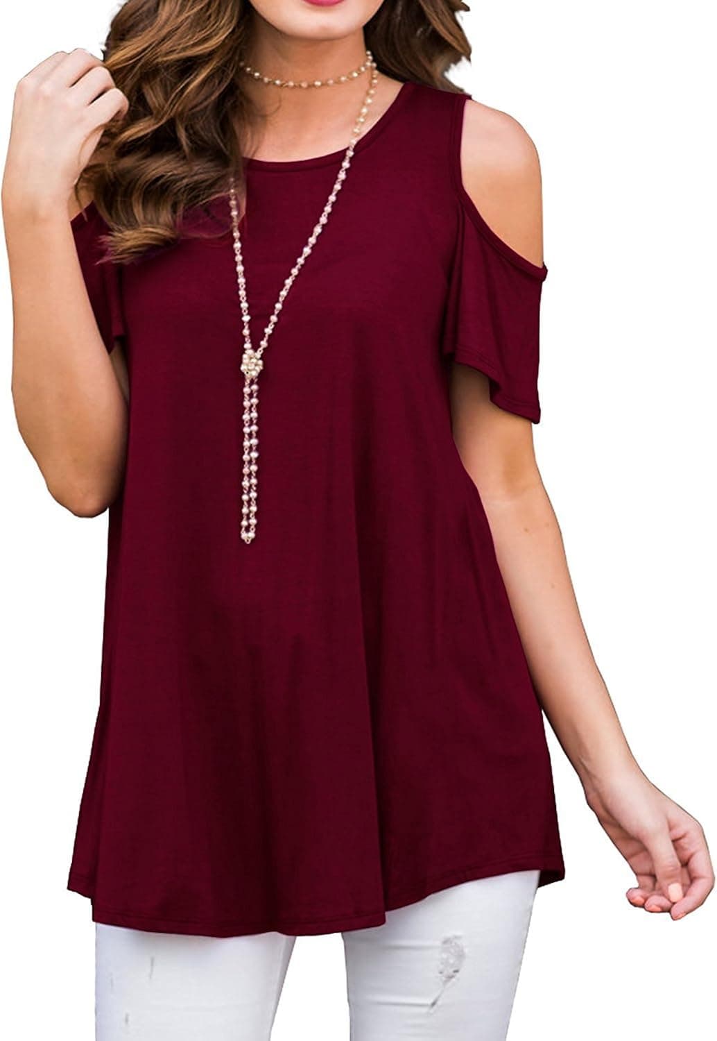 Boloren Women's Shirts Short Sleeves Flare Tunic Tops Button Up Causal Blouses