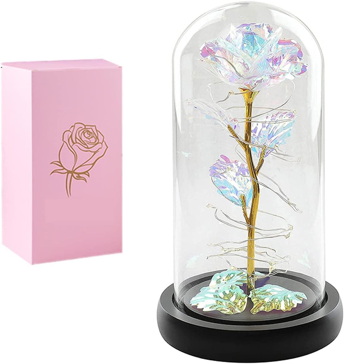 FVDFDG Beauty and The Beast Rose, Colorful Artificial Flower with Led Deco in Glass Dome Valentines Gifts Best Gift for Mom, Glass Rose Unique Gift for Christmas Anniversary (Z001)