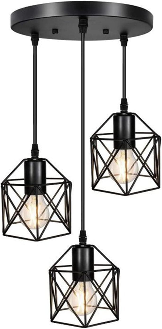 Goeco Industrial 3-Light Pendant Light for Kitchen Island Adjustable Hanging Light Fixtures Farmhouse Black Pendant Lighting with Metal Cage for Dining Room Bedroom Living Room