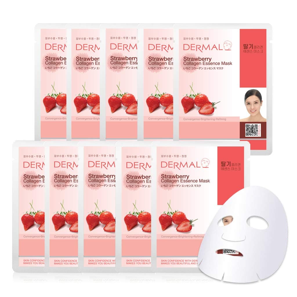 DERMAL Strawberry Collagen Essence Facial Mask Sheet 23g Pack of 10 - Pore Tightening & Sebum Control for Oily Skin, Hydrating Daily Skin Treatment Solution Sheet Mask