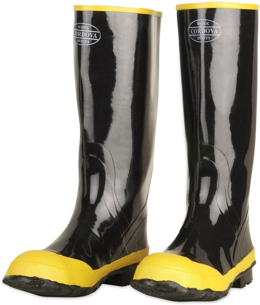 Cordova BST-11 Black Boot With Black Ribbed Sole, Yellow Steel Toe & Steel Shank, Cotton Lined, 16-Inch Length, Over-The-Sock Style, Size 11