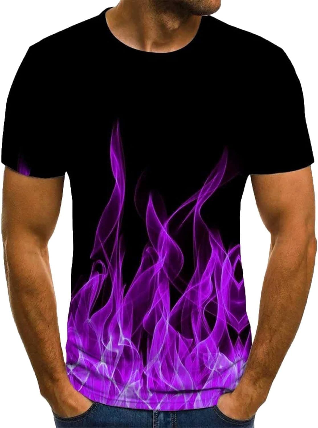 Men Short Sleeve Colorful Fire Printing Tops Casual Round Neck Slim Fit Muscle Pullover T Shirt Blouse