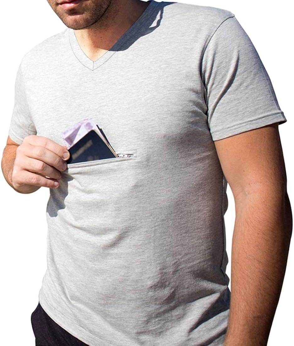 Clever Travel Companion V-Necked Mens Tee Shirt - Pickpocket Proof Cotton Sublimation Tees with One Secret Hidden Pocket