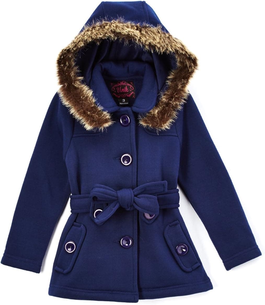 unik Girl Fleece Coat with Detachable Fur Lined Hood and Belt Black Fuchsia Grey Navy Red Burgundy