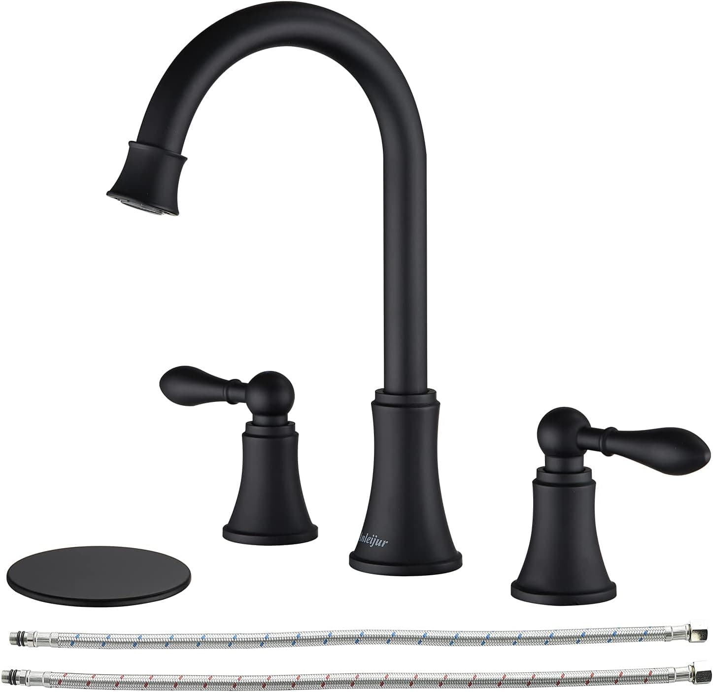 Black Bathroom Sink Faucet, Anleijur Two Handle 8 inch Widespread Black Bathroom Faucet, Matte Black Bathroom Faucet for Sink 3 Hole with Pop-Up Drain and Water Supply Lines, Faucet for RV, Restroom