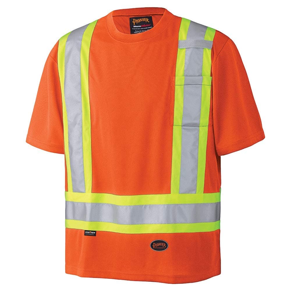 Pioneer High Visibility, Lightweight, Breathable Birdseye Short Sleeved Crew Neck Safety Shirt with Chest Pocket, Hook and Loop Closure, Reflective Tape, Orange, Unisex, M, V1051150U-M,Medium