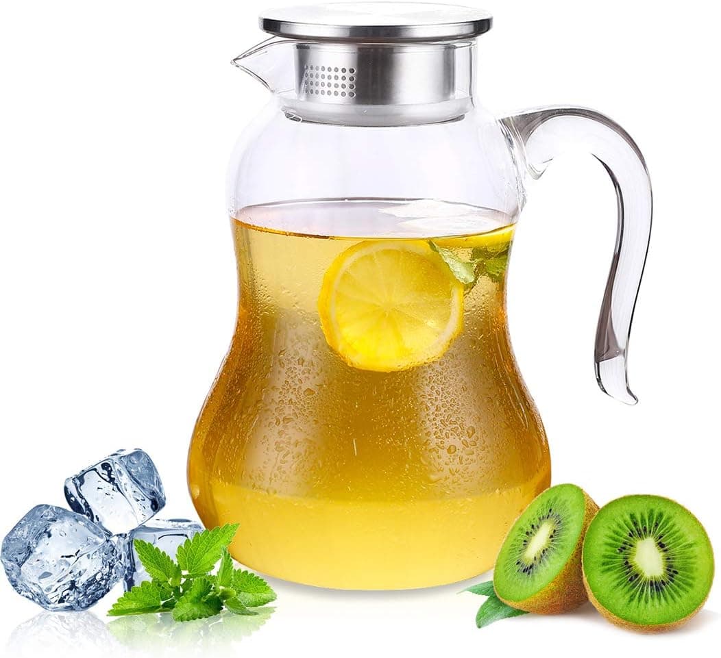 JIAQI Glass Water Pitcher with Lid and Spout 68 Ounces, Hot/Cold Water Carafe, Juice Jar and Iced Tea Pitcher (Brush+Coaster Included)