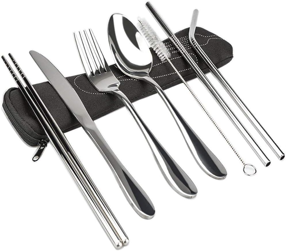 Portable Flatware Set, 7 Pieces Reusable Utensils Set Rustproof Stainless Steel Tableware Dinnerware Fork Knife Spoon with Portable Case for Travel Camping School Kids Office Hiking Camp and Other