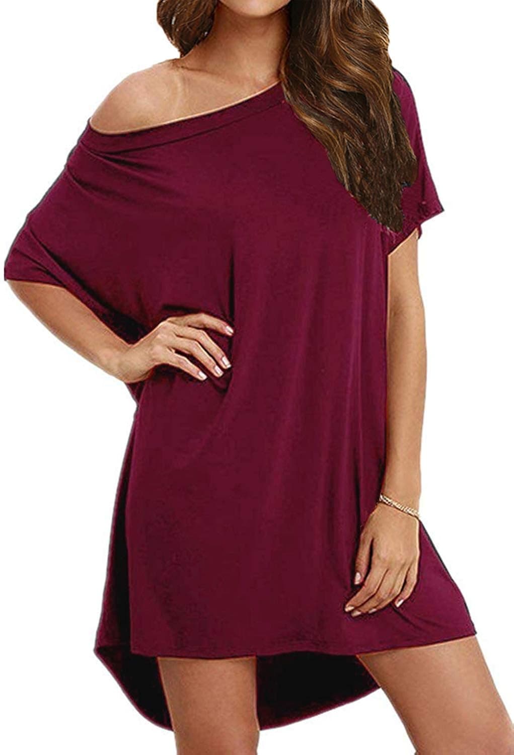 Bluetime Women's Casual One Shoulder T Shirt Dress Batwing Sleeve High Low Short Mini Dress