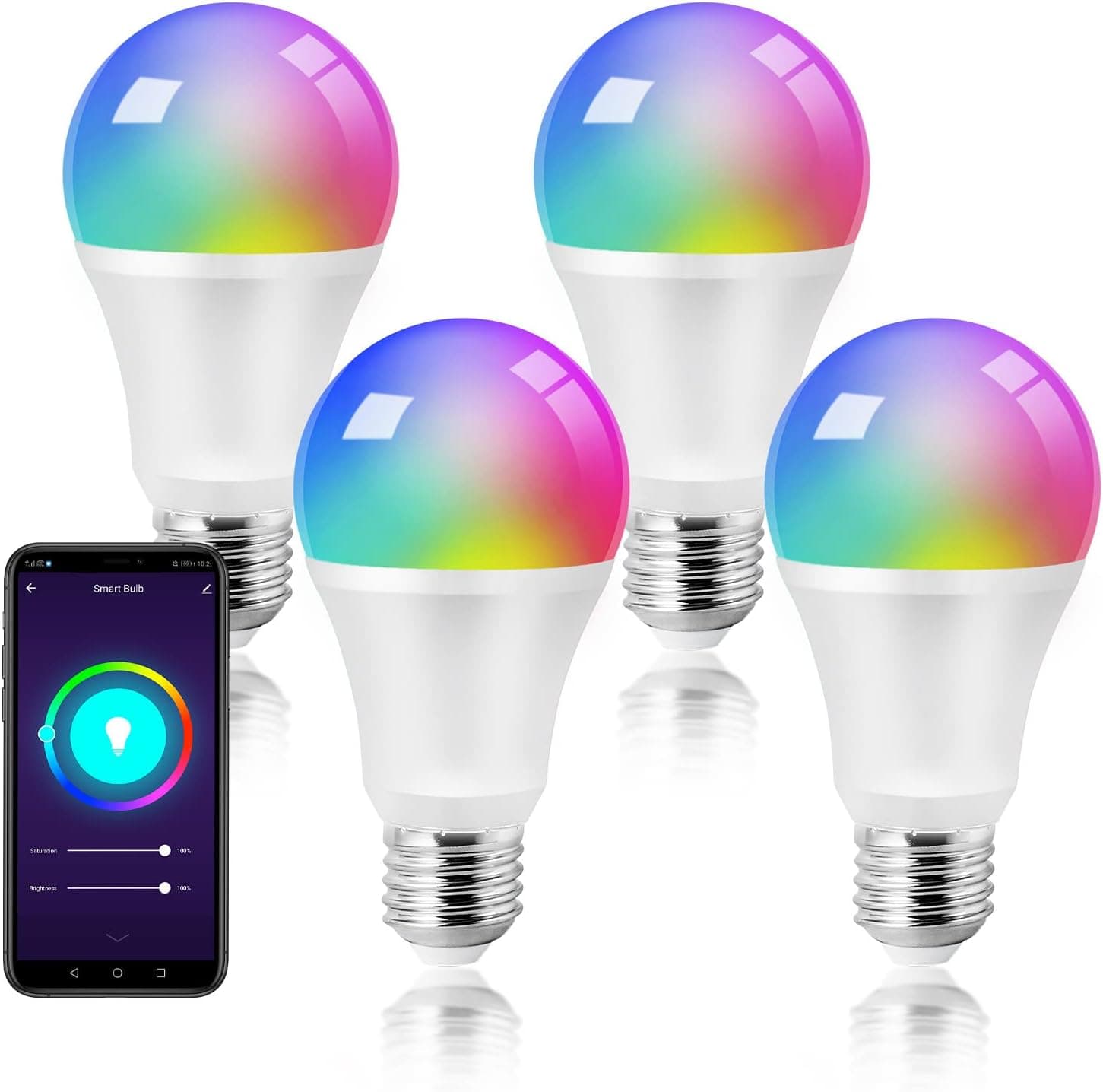Smart Light Bulbs, E26 A19 Multicolor WiFi RGB Color Changing Light Bulbs, Dimmable, Compatible with Alexa/Google Assistant and Remote App Control, 800LM, 2800~6000K, 4pack