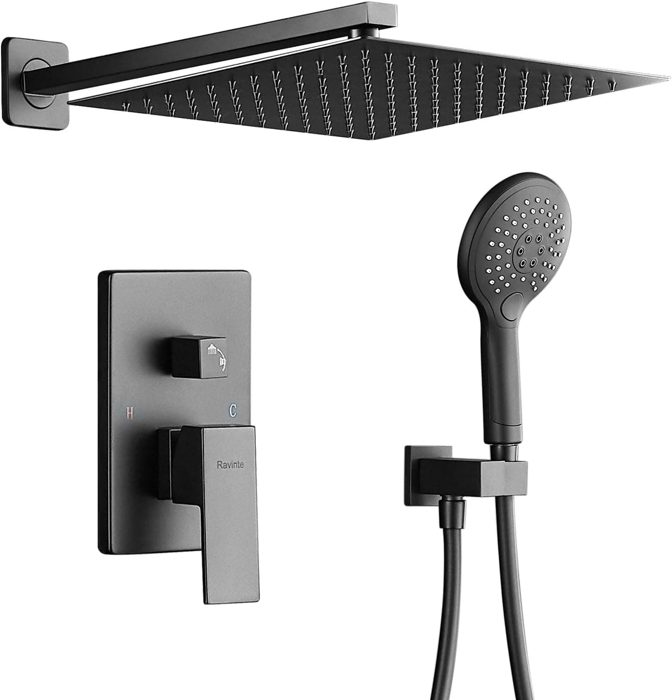 Rain Shower System, Modern Shower Faucet Set with Rough-in Valve, 12" Rainfall Shower Head and Multi-function Hand Held Luxury Shower Combo Set, Wall-Mounted. (12-inch Shower Head, Matte Black)