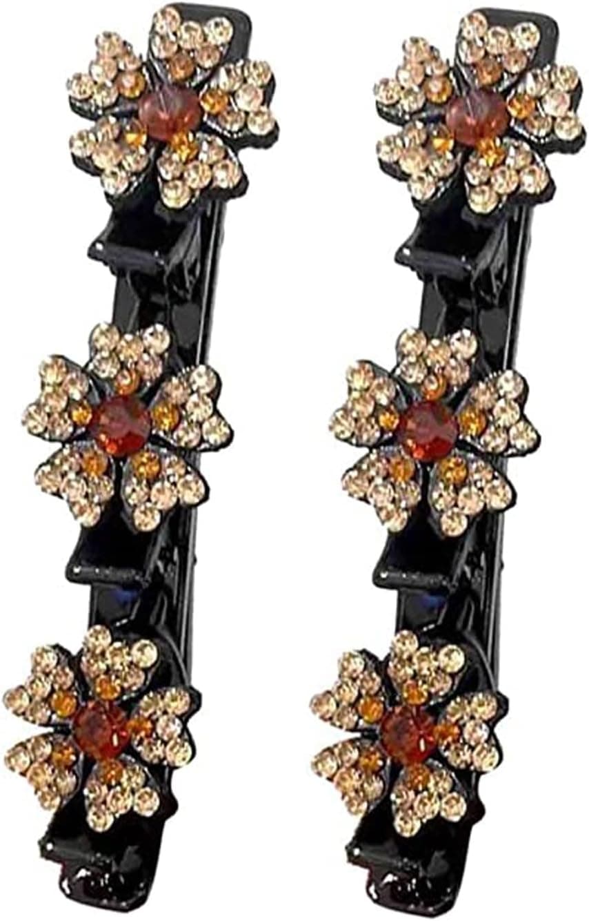 ninRYA Crystal Stone Braided Hair Clips, Clover Rhinestone Hair Clips for Afro Braided Hair, Double Braided Hair Clip, 3 Flower Side Hair Clip for Women Girls Hair Accessories