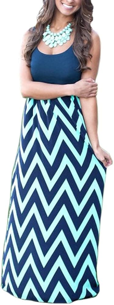 Womens Empire Waist Maxi Dresses Chevron Summer Boho Floral Casual Tank Dress