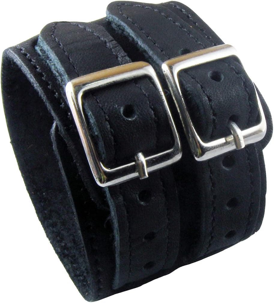 2" Wide Classic Design Black Punk Rock Biker Leather Bracelet Bangle Bracelet Cuff Wristband for Men Women Boys Girls Unisex - Adjustable (LSB002)