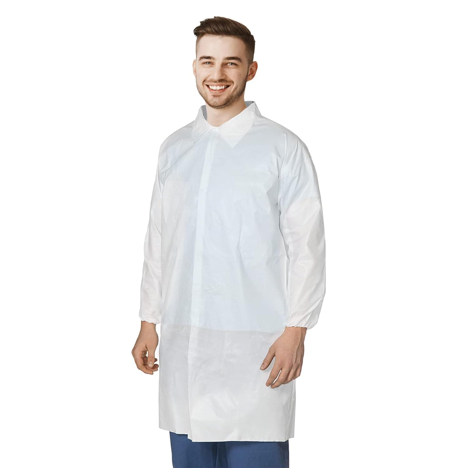 AMZ Medical Supply Disposable Lab Coats for Adults XL, White Disposable Lab Coat Knee Length, SMS 40 GSM Painting Lab Coat No Pockets, Medical PPE Coat with Long Sleeves, Elastic Wrist, Loop Fasteners