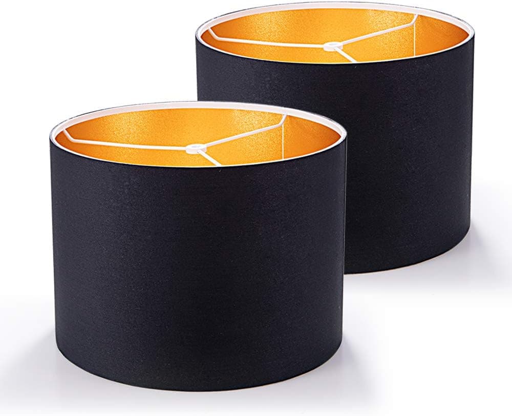 Wellmet Assemble Need Lamp Shades,Set of 2 Drum Lampshades for Table Lamp Bedside Lamp,Spider Fitter (Black Gold, 14x14x10 Inch)