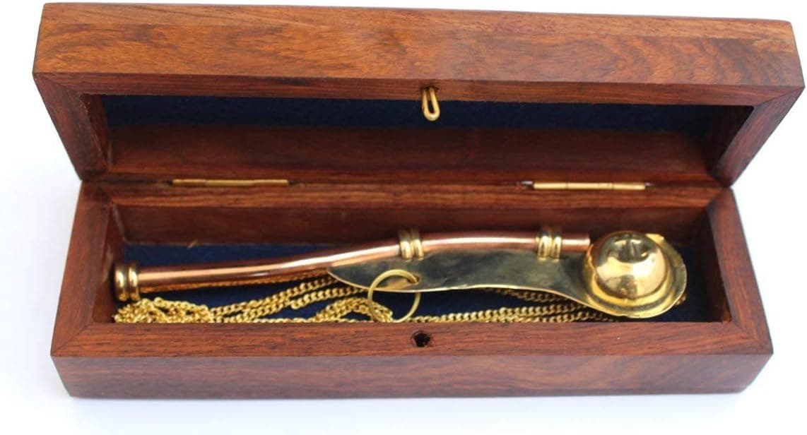 Nautical Solid Brass & Copper Boatswain 5" Whistle Chain with Rosewood Box a