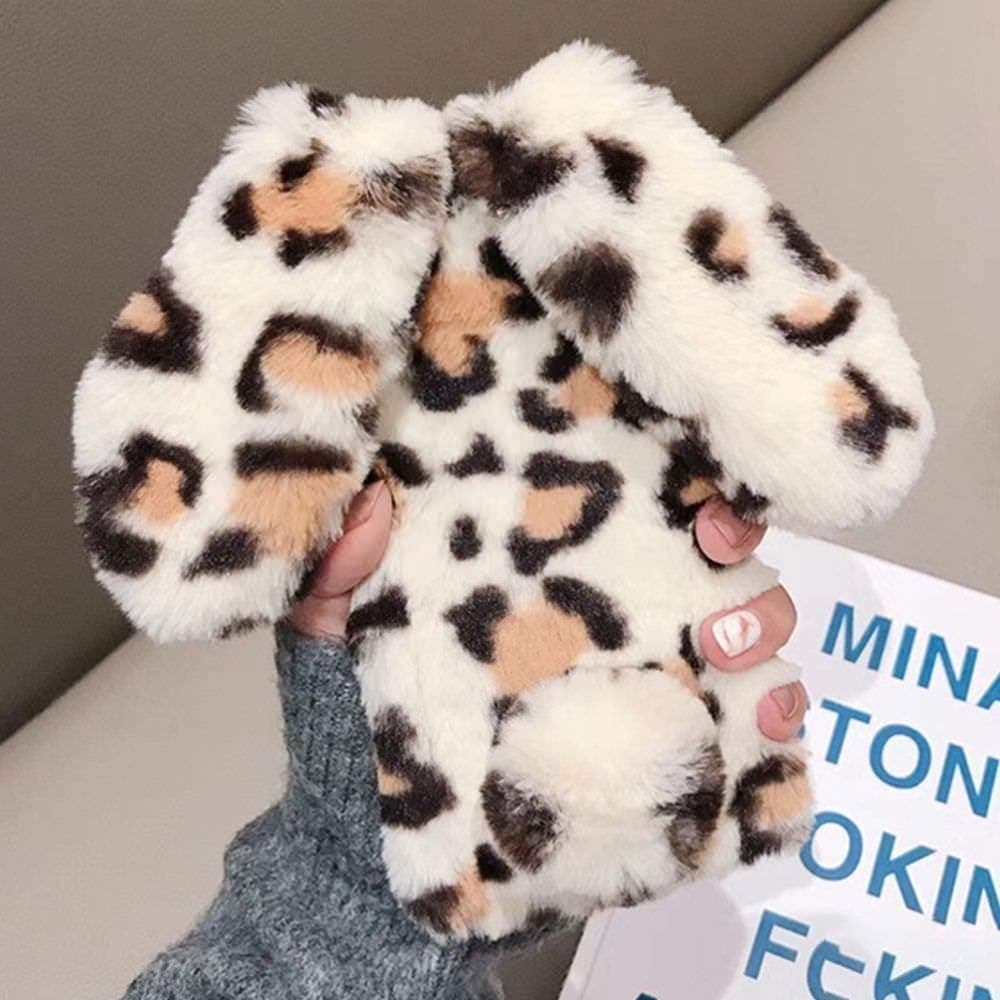 For iPhone 11 Soft Rabbit Leopard Print Case, Luxury Cute Bunny Ears Soft TPU Case With Bling Diamond Silicone Case Fluffy Winter Protective Back Bumper Chic Plush Case Cover For iPhone 11-Light Brown
