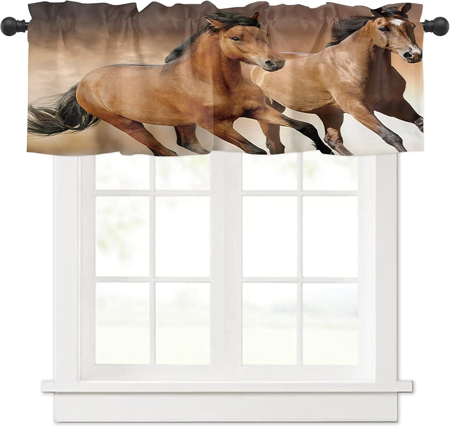 Windows Valances Curtain Horses Running on The Grassland Kitchen Valances Rod Pocket Brown Horse Window Curtain Treatment Short Topper Curtains for Kitchen Bedroom Living Room 1 Panel, 54 x 18 inch