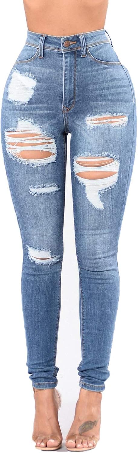 Women High Waist Skinny Stretch Ripped Jeans Boyfriend Denim Pants