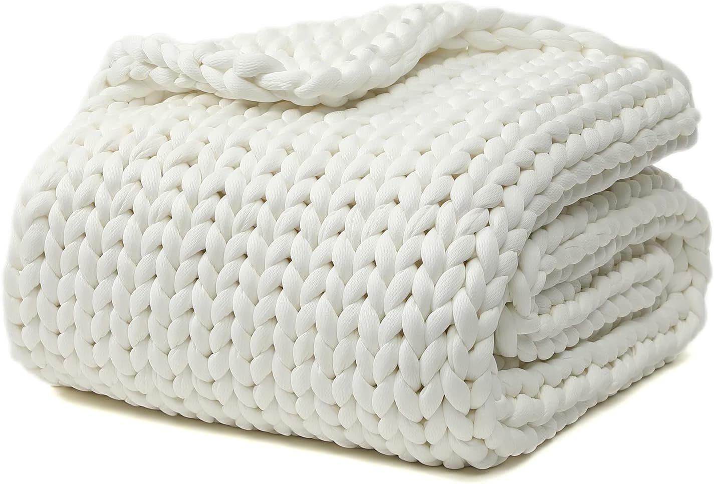 YnM Cooling Knitted Weighted Blanket, Hand Made Chunky Knit Weighted Throw Blanket for Sleep or Home Décor (White, 60''x80'' 15lbs) …