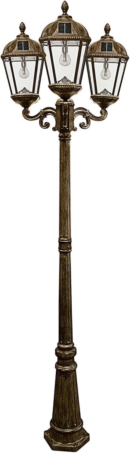 Gama Sonic Royal Bulb Solar Lamp Post Light Kit, 89 inch Tall, Outdoor Triple Head Weathered Bronze Cast Aluminum and Clear Beveled Glass Post Lamp, Light Pole, and Warm White Light 2700K (98B303)