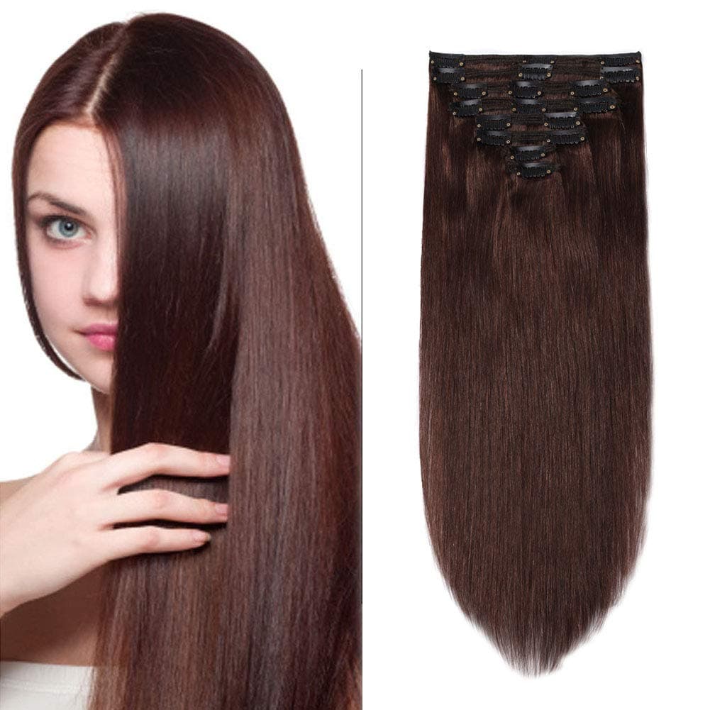 Benehair 10 Inch 110g Clip in Hair Extensions Real Human Hair Medium Brown Double Weft Thick Clip on Skin Weft Soft Straight Remy Hair for Women Full Head 8pcs Human Hair Clip in Extensions