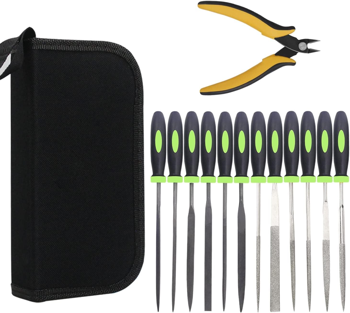 XINSHANG 13pcs Needle File Set with 6Pcs Carbon Steel File,6Pcs Diamond File, with 1pc 5.5” Precision Flush Cutter& a Canvas Carry Bag, File Tools for Metal, Wood, Jewelry, Models, DIY, etc.