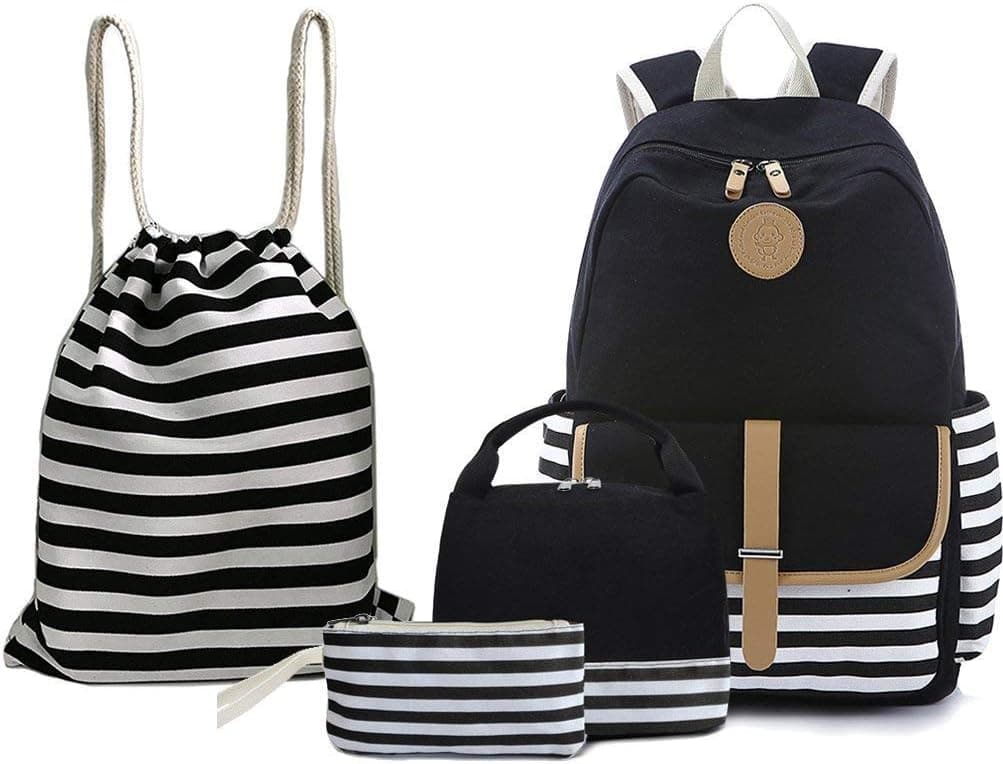 BAGTOP School Backpack Set - Canvas Teen Girls Bookbags 15" Laptop Backpack + Lunch Bags + Drawstring Backpack + Pen Case Bags Set (Black)