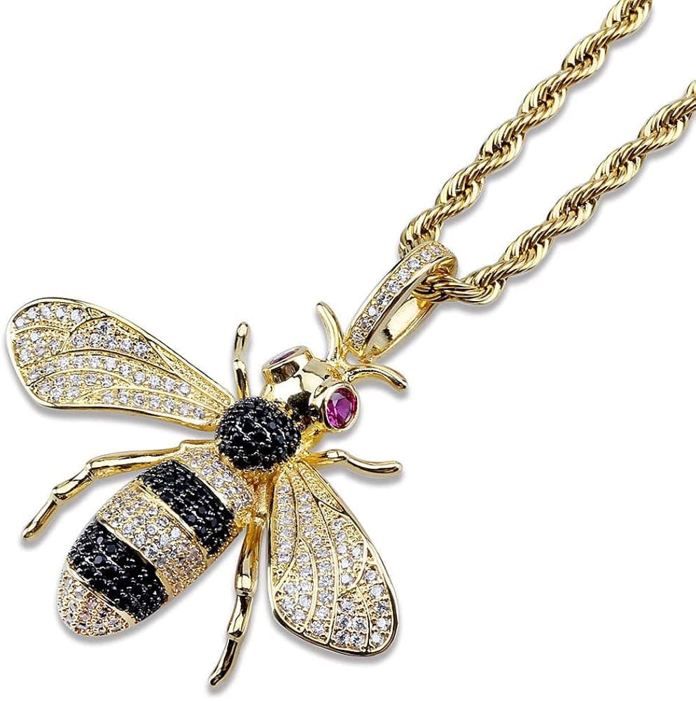 KMASAL Jewelry Unisex Hip Hop Iced Out Bling 14K Gold Plated Bee Pendant Necklace with 24 inch Rope Chain for Men Women (Gold)