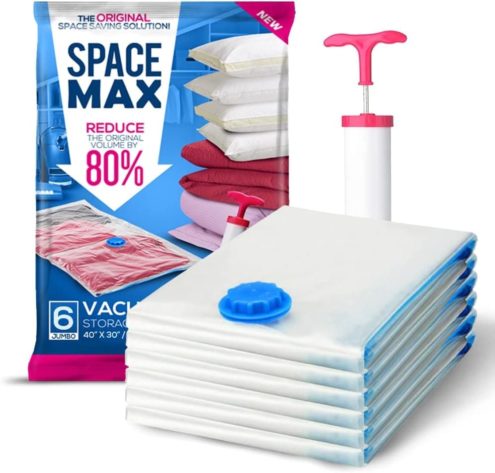 Jumbo 6 Pack | SPACE MAX Premium Space Saver Vacuum Storage Bags - Save 80% More Storage Space - Reusable, Double Zip Seal & Leak Valve, Includes Travel Hand Pump