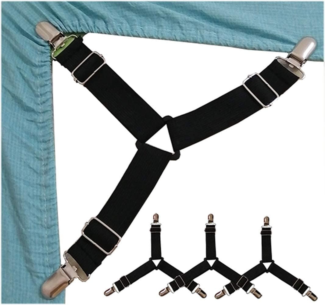 Aiamo Bed Sheet Holder, Adjustable Fasteners Suspenders Gripper, Triangle & Elastic Straps Clips for Various Bed Sheets, Mattress Covers, Sofa Cushion, Hospital Beds, Inflatable Beds (Black, 4)