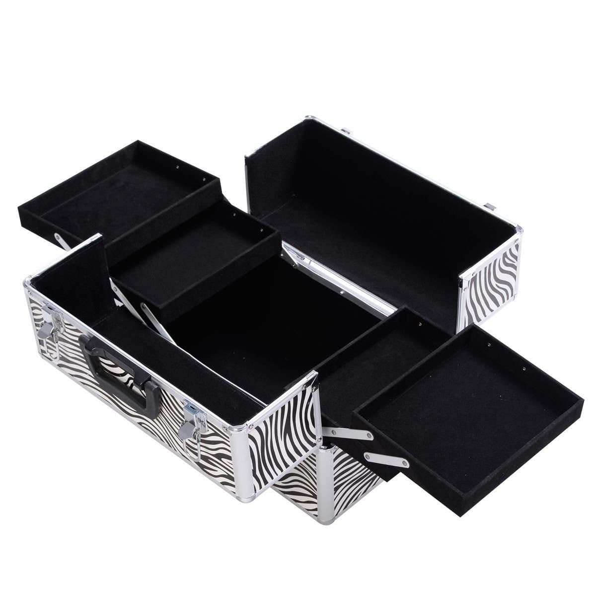 14’’ Aluminum Makeup Train Case, Large 6 Tray Professional Cosmetic Makeup Box Carrier With Lock & Key, Adjustable Dividers, Zebra