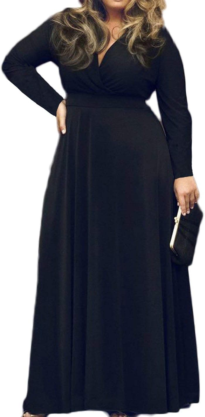 POSESHE Women's Solid V-Neck Long Sleeve Plus Size Evening Party Maxi Dress