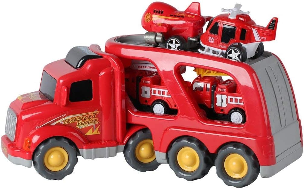 Fire Truck Rescue and Emergency Transport Vehicle with Helicopter, Airplane and 2 Fire Engines - Lights Up, Plays Music, Makes Sounds. - Firetrucks Toys for Kids 3+