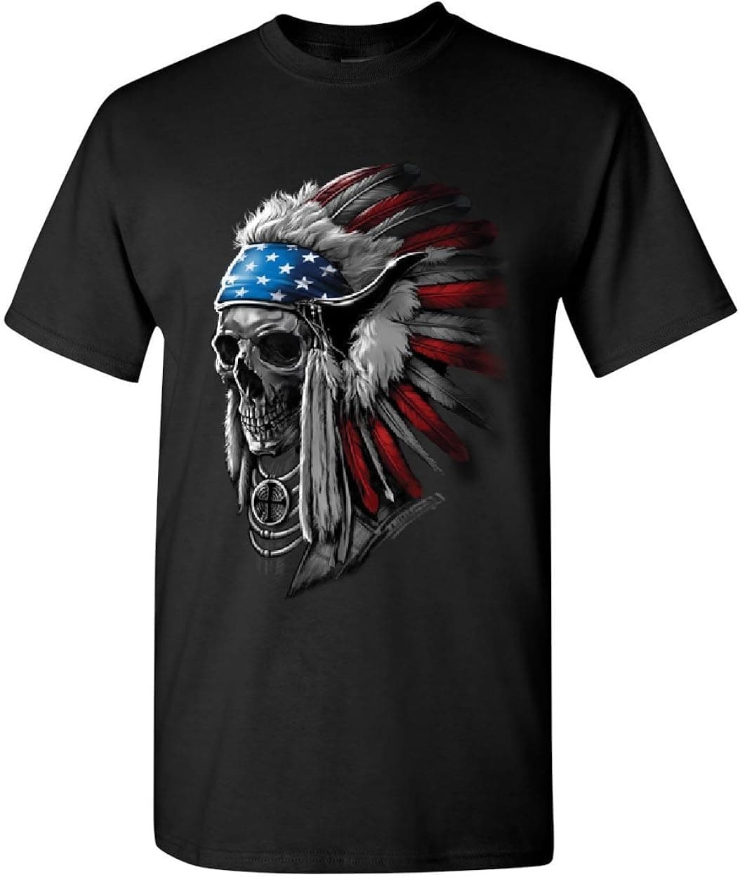 Chief Skull Headress T-Shirt Native American Stars and Stripes Mens Tee Shirt