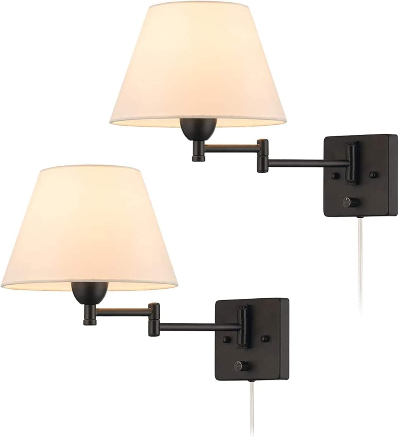 YeLEEiNO Swing Arm Wall Lamp Plug-in Cord Home Decorators Modern Wall Sconce, Ivory Fabric Shade, with On/Off Switch E26 Base 2-Light Bedroom Wall Lights Fixtures, Bedside Reading Lamp (Art Style)