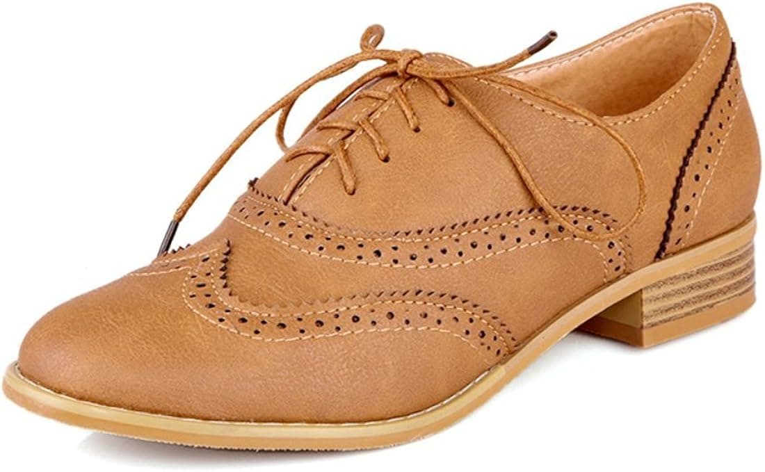 Susanny Women Classic Modern Sweet Low Heel Lace Up Carving Wingtip PU Brogue Oxfords Dress Shoes
