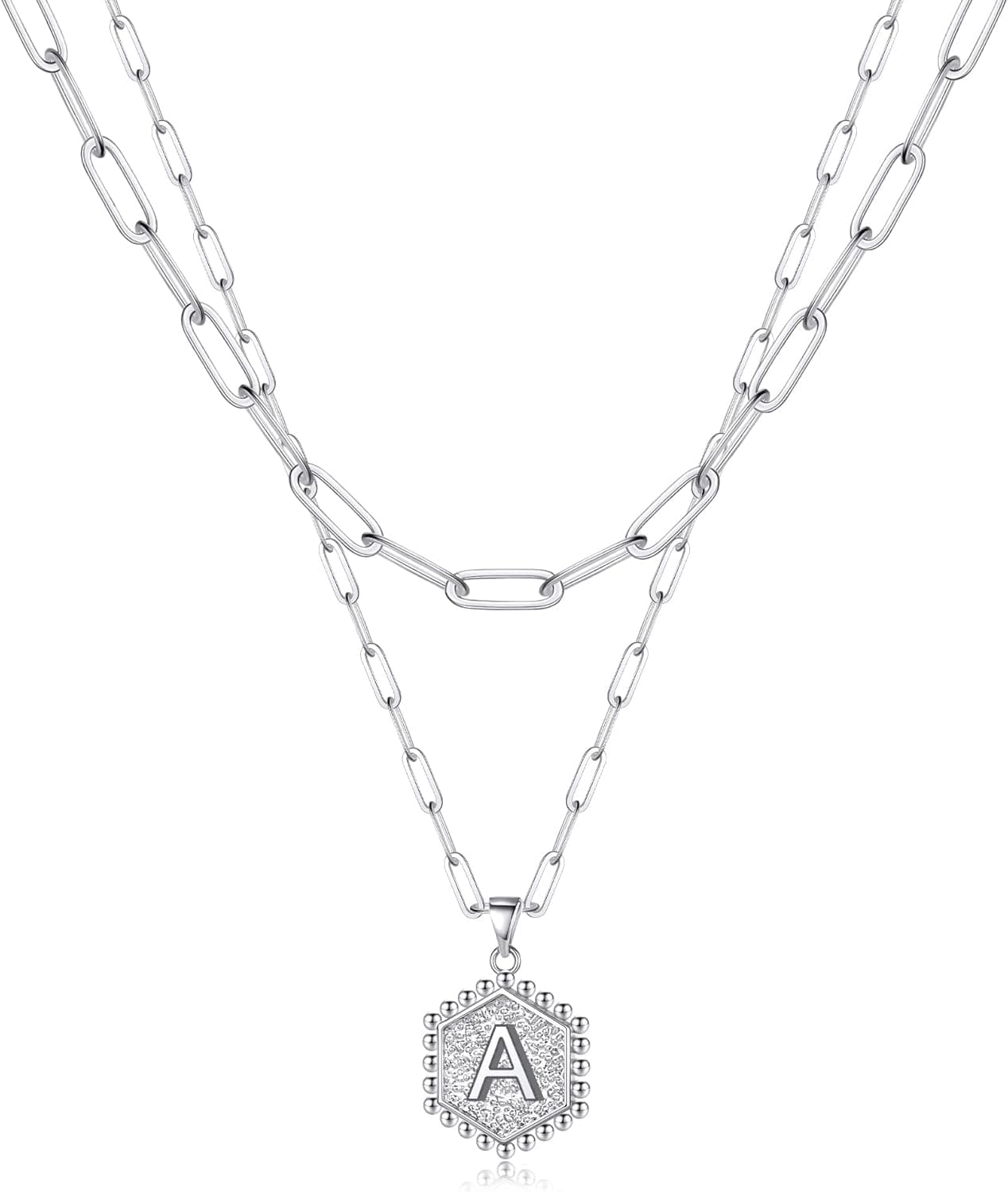 Silver Layered Initial Necklaces for Women, 14K White Gold Plated Paperclip Chain Necklace Hexagon Letter Pendant Initial Simple Choker Necklace Layered Silver Necklace for Women Jewelry Gifts