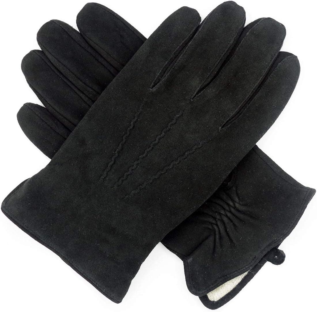 Harssidanzar Mens Suede Gloves Vintage Finished Cashmere Lined, Black, L