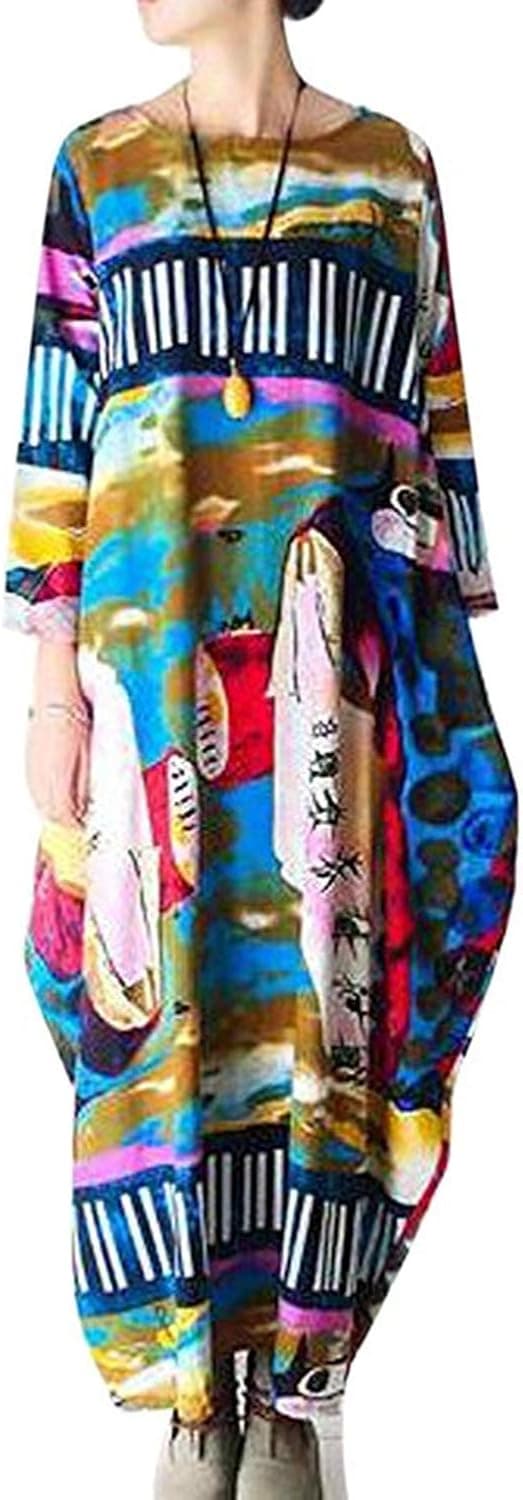 Simgahuva Womens Linen Maxi Dress Floral Loose Long Sleeve Shift Dresses