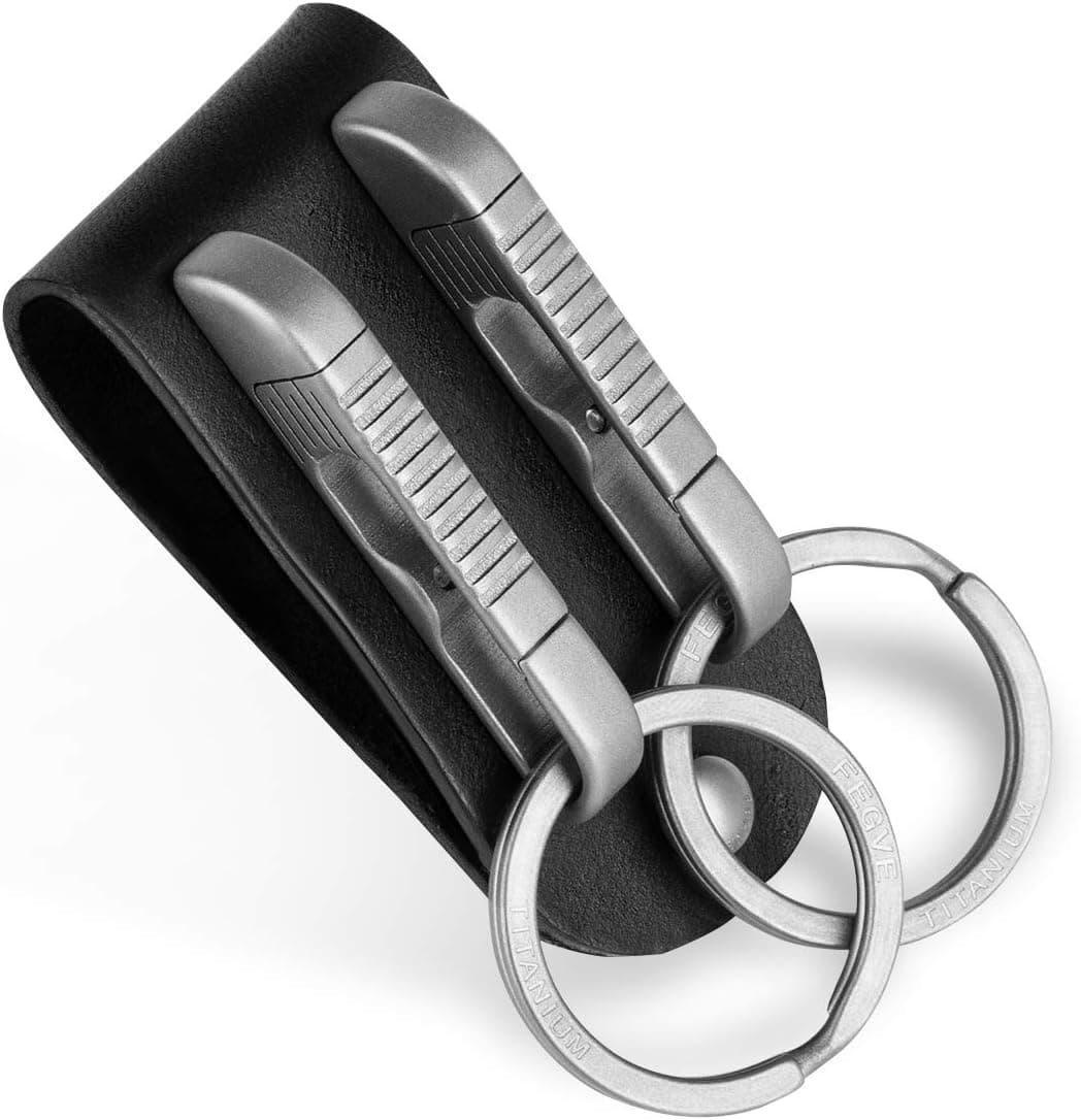 FEGVE Belt Key Ring Holder, Titanium Key Holder for Keychain, Key Belt Clip with Detachable Key Rings for Men Women (Black Grey)
